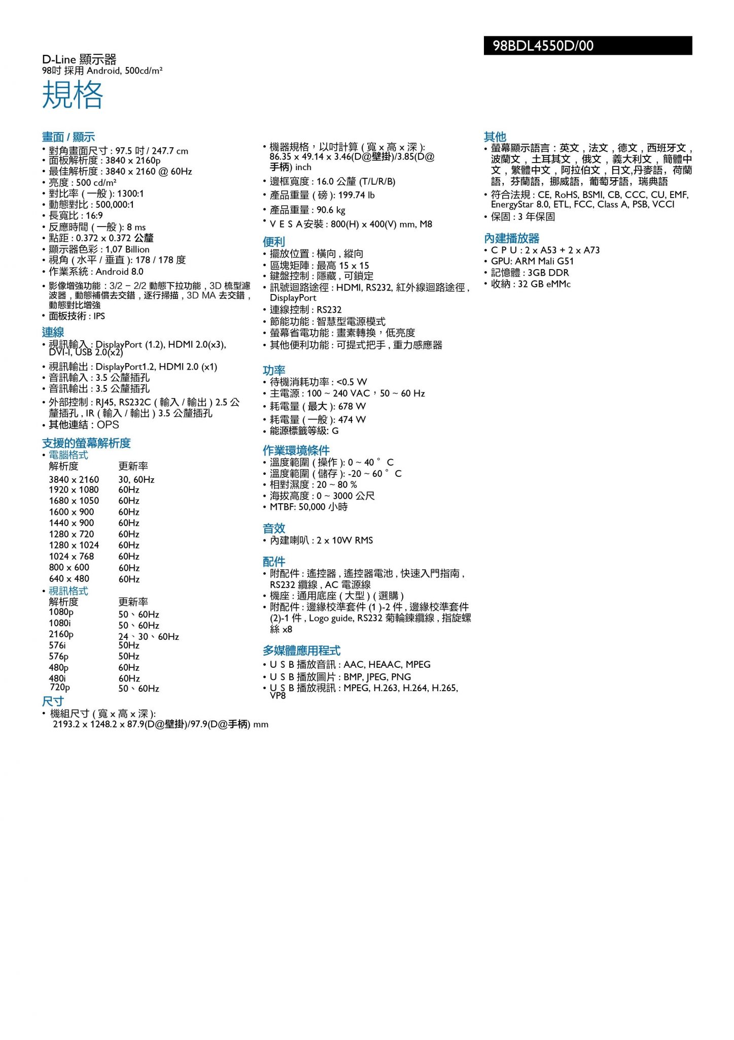 98bdl4550d飛利浦98吋,100吋
